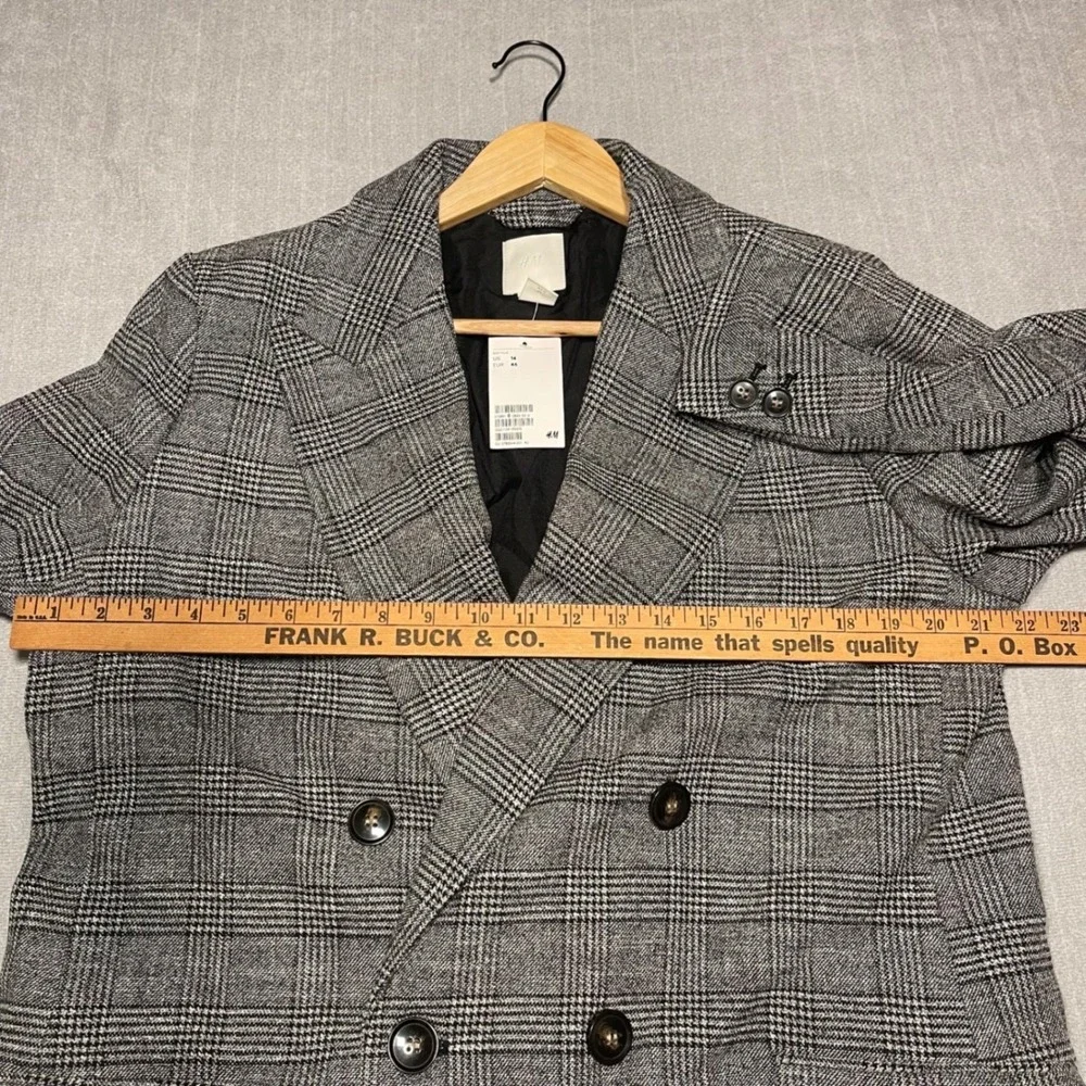 H&M Plaid Double Breasted Blazer Suit Jacket Women 14 Gray Black White NWT Heavy